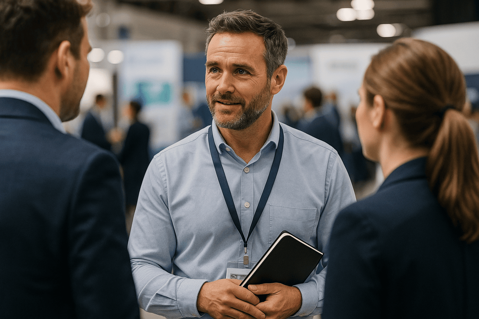 Commercial qui discute avec des prospects sur un salon
